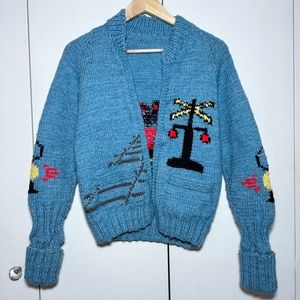Vintage Hand Knit Train Sweater Blue 1960s Pattern